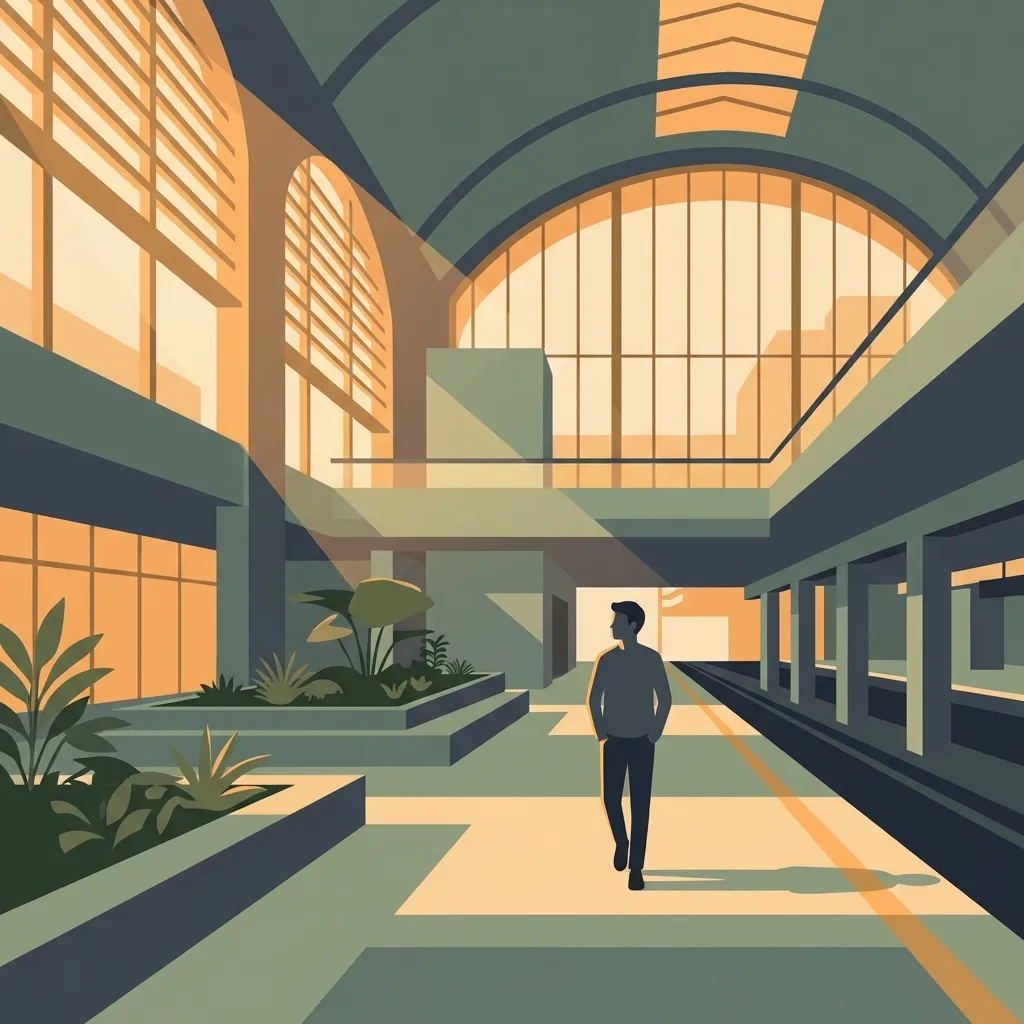 Person walking through sunlit mall corridor